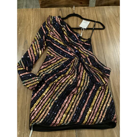 SELF PORTRAIT Stripe Sequin asymmetric one shoulder Mini Dress size 0 NWT - Picture 9 of 15